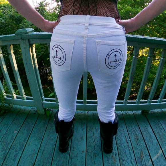 Lilith Custom Handmade White J Crew Women's jeans sz 26/28 skinny Killstar Vibes - Picture 2 of 6